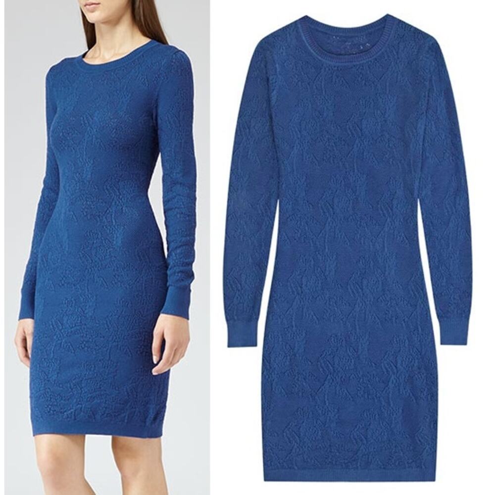 Reiss Bobbina Royal Blue Lace Long Sleeve Bodycon Dress Medium Preppy Old Money